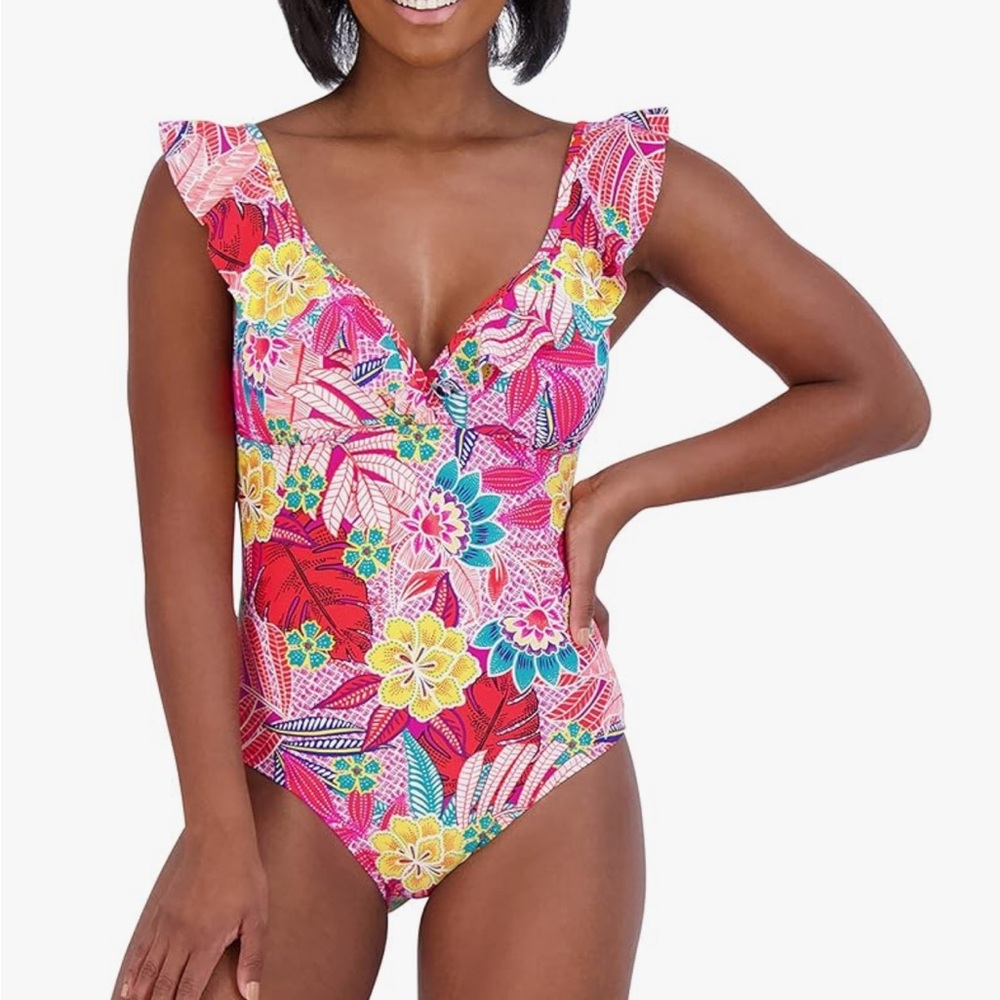 NWT Caribbean Joe Pink and Yellow Floral One Piece Swimsuit